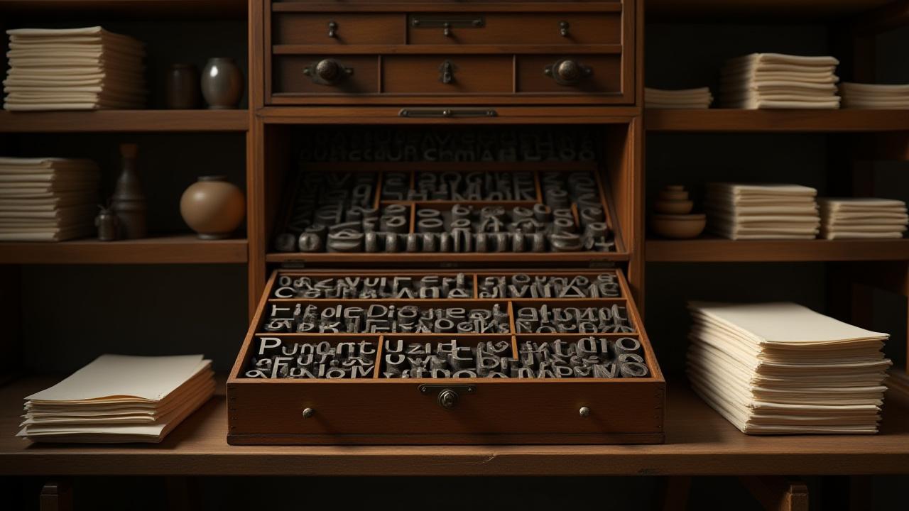 Shelves filled with drawers of metal type and stacks of fine cotton paper in an organized fashion within the letterpress studio.