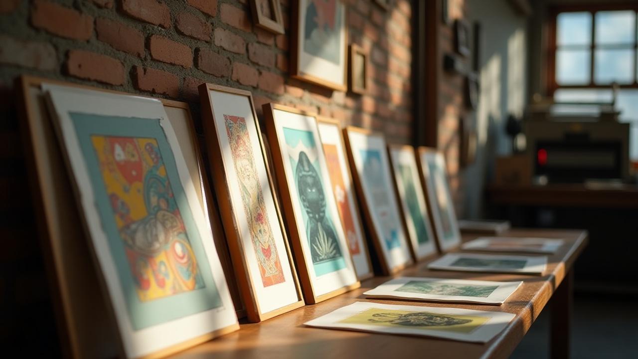 Collection of framed letterpress art prints leaning against a rustic studio wall