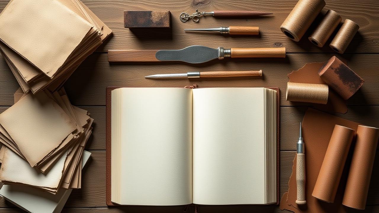 Artfully arranged close-up of traditional bookbinding tools like bone folder, awl, and artisanal papers and threads on a wooden workbench