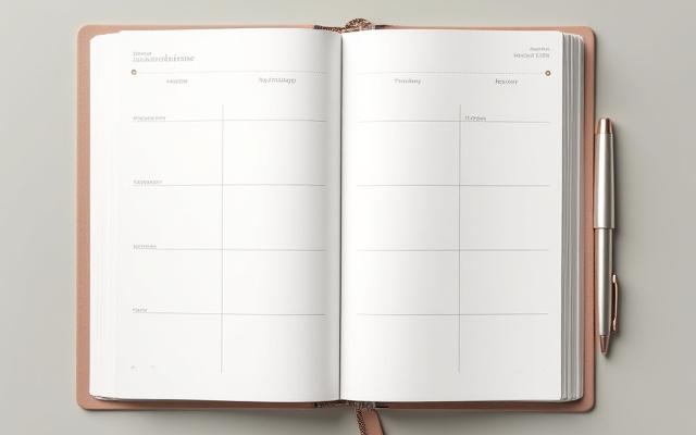 Custom planner shown open with unique layout and elegant binding detail