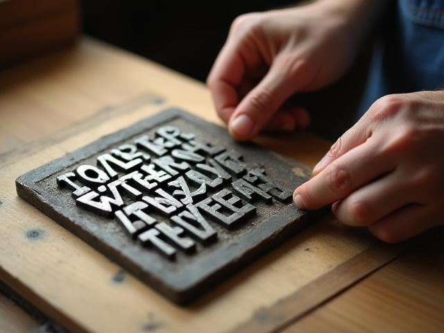 A close-up of a craftsman's hands carefully setting metal type into a composing stick for letterpress printing.