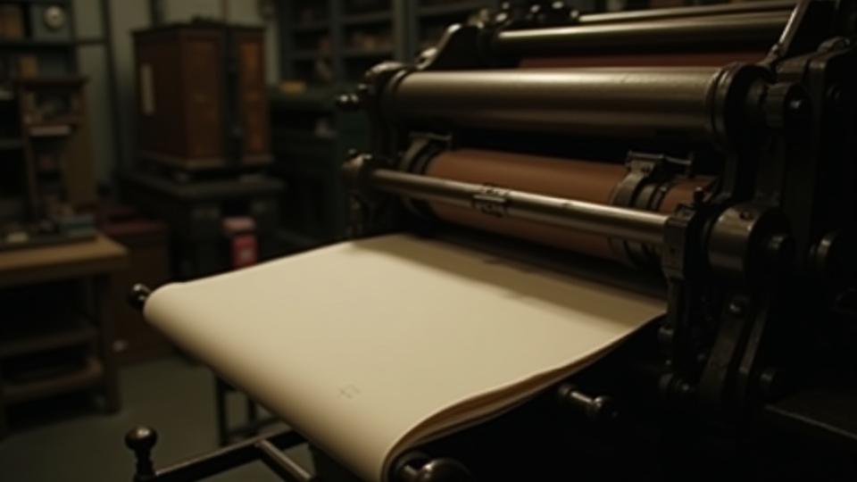 A vintage letterpress machine in operation, with ink rollers visible and a sheet of paper being fed.