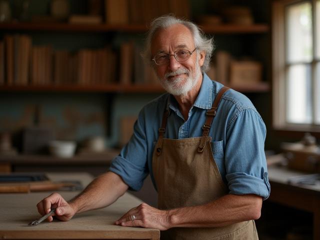 Delbert Lee Powers, a focused artisan with a warm smile, working diligently at a traditional bookbinding bench in his Charleston, WV studio.