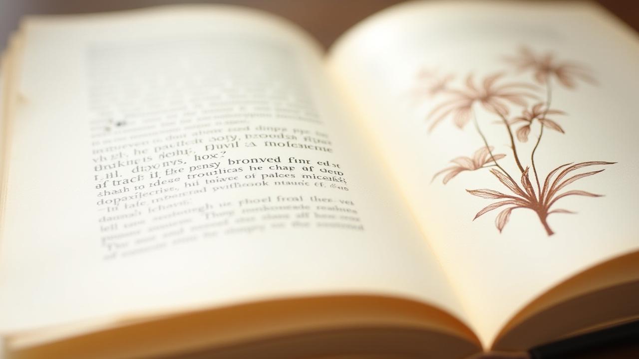 An open fine press book showing a double-page spread with carefully typeset text on cream paper and a detailed, hand-drawn botanical illustration next to it.