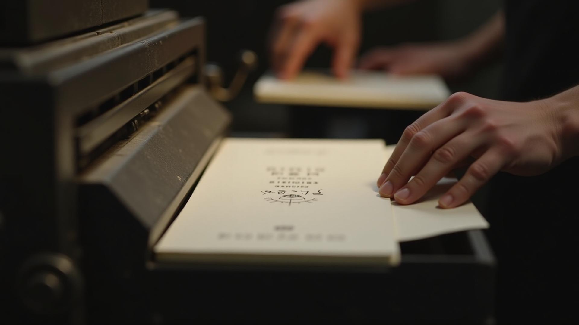 Artisan hand operating a vintage letterpress machine, paper being fed, intricate details of the process.