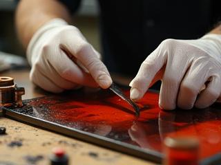 Artisan mixing custom ink colors by hand in a print shop, vibrant pigments on a palette.