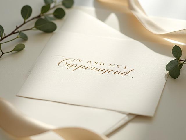 Luxurious letterpress wedding invitation suite with RSVP card and envelopes, showcasing deep impression.