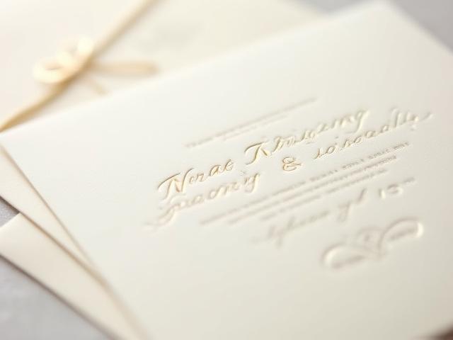 Classic elegant letterpress wedding invitation suite with blind debossing, cream paper and gold accents