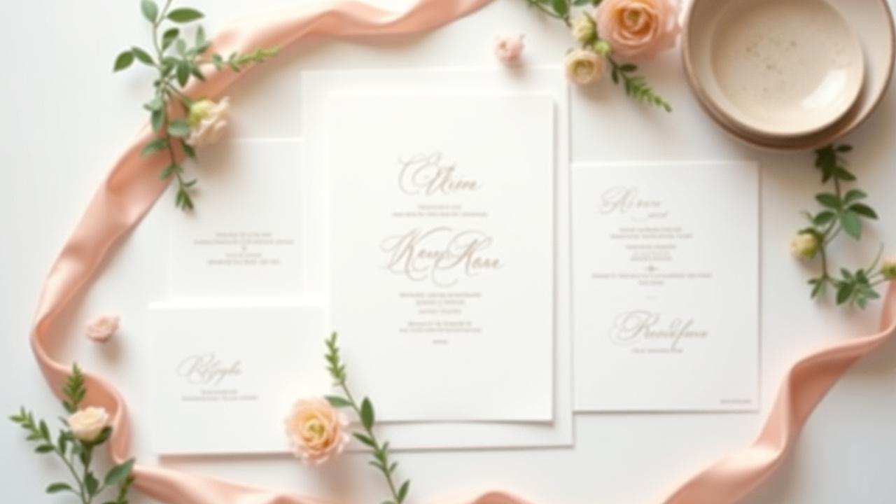 Bespoke letterpress wedding invitation suite with soft focus, elegant stationery and botanical accents