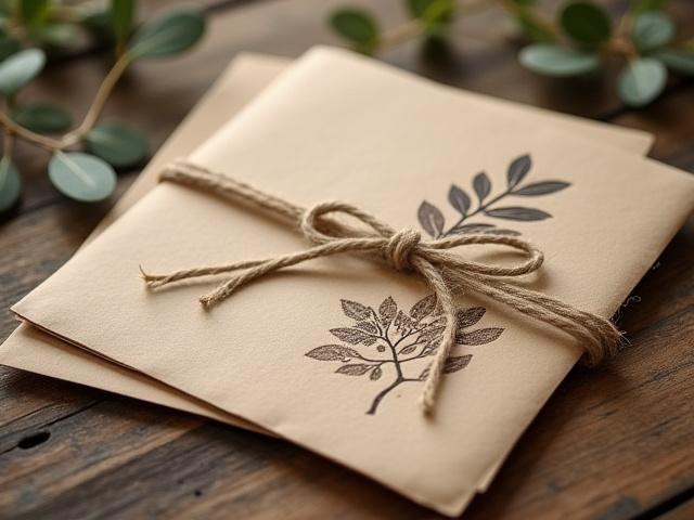 Rustic letterpress wedding invitation suite on kraft paper with botanical illustration and twine details