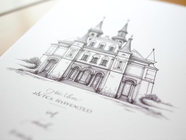 Custom letterpress illustration of a wedding venue on an invitation